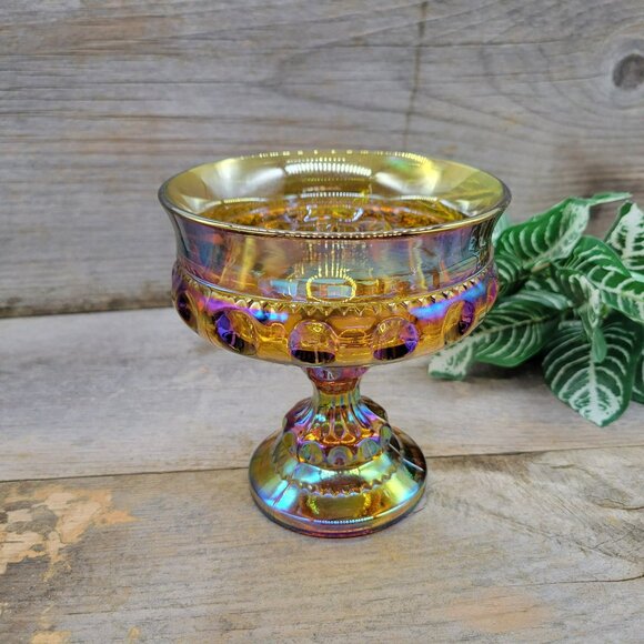 Candy Dish King's Crown Colony Marigold Carnival Glass Iridescent Compote - Picture 4 of 11